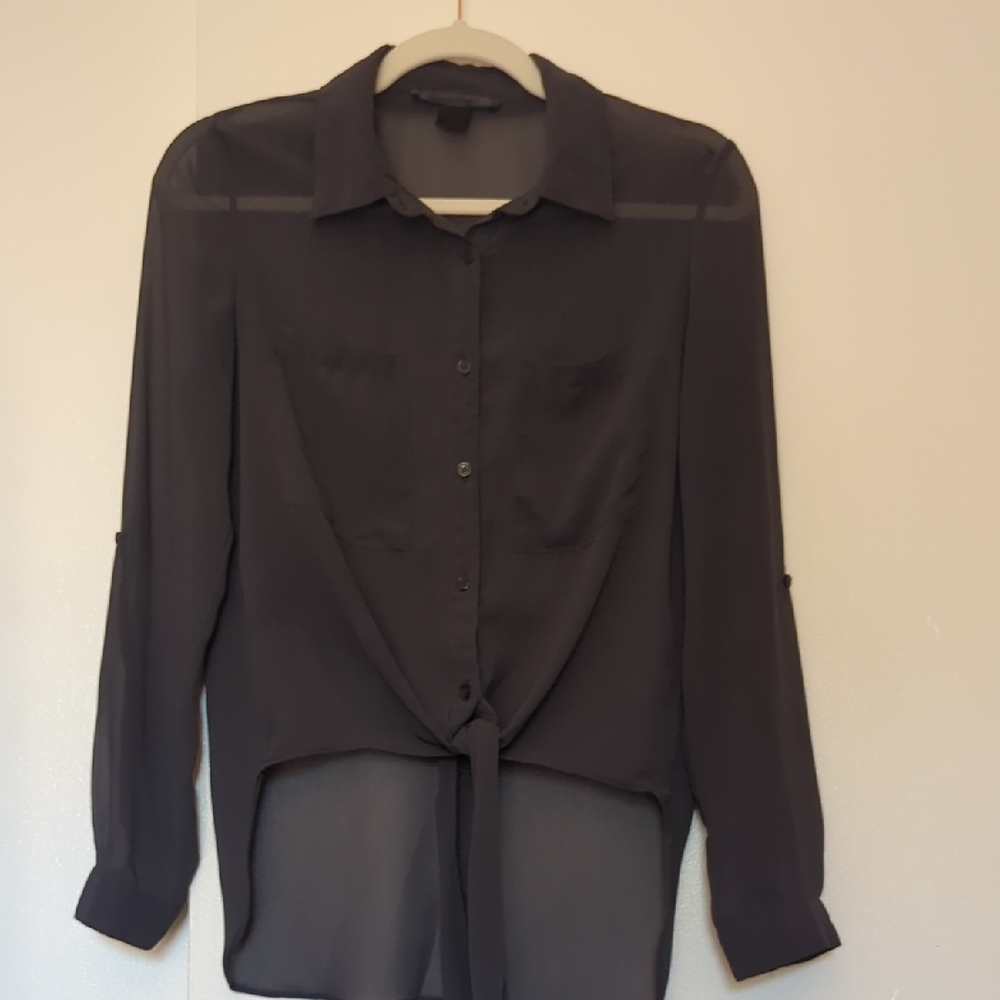 Black Long Sleeve Button Down Shirt with Tie Front